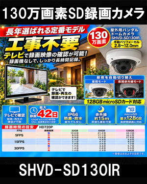 工事不要　防犯カメラ 屋外 録画機能付き BNC/RCA端子で映像確認　SDカード防犯カメラ　130万画素 赤外線　屋内・屋外用バンダルドームカメラ バリフォーカルレンズ SHVD-SD130IR