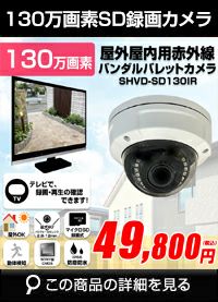 工事不要　防犯カメラ 屋外 録画機能付き BNC/RCA端子で映像確認　SDカード防犯カメラ　130万画素 赤外線　屋内・屋外用バンダルドームカメラ バリフォーカルレンズ SHVD-SD130IR