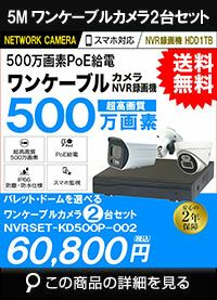 ワンケーブル防犯カメラ POE給電 屋外 屋内 防犯カメラセット 2台セット ネットワーク 500万画素　LANケーブル20ｍ付き NVRSET-KD500P-002 