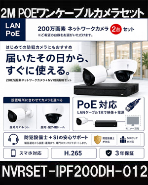 ネットワークカメラ 200万画素 POE 屋外 屋内 防犯カメラセット 2台セット バレット・ドーム・カメラが選べる　NVRSET-IPF200DH-012 