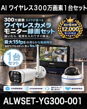 防犯カメラ 屋外 録画機能付き 防水 カメラ1台セット　ワイヤレス 300万画素 　10インチ液晶モニター付き バレット・ドーム・カメラが選べる　工事不要　防犯カメラセット　ALWSET-YG300-001