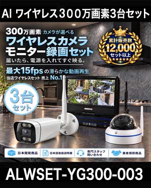 防犯カメラ 屋外 録画機能付き 防水 カメラ3台セット　ワイヤレス 300万画素 　10インチ液晶モニター付き バレット・ドーム・カメラが選べる　工事不要　防犯カメラセットALWSET-YG300-003