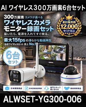 防犯カメラ 屋外 録画機能付き 防水 カメラ6台セット　ワイヤレス 300万画素 　10インチ液晶モニター付き バレット・ドーム・カメラが選べる　工事不要　防犯カメラセットALWSET-YG300-006 