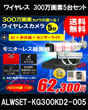 防犯カメラ 屋外 録画機能付き 防水 カメラ5台セット　ワイヤレス 300万画素 　モニターレス バレット・ドーム・カメラが選べる　工事不要　防犯カメラセット　ALWSET-KG300KD2-005