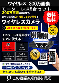 防犯カメラ 屋外 録画機能付き 防水 カメラ5台セット　ワイヤレス 300万画素 　モニターレス バレット・ドーム・カメラが選べる　工事不要　防犯カメラセット　ALWSET-KG300KD2-005
