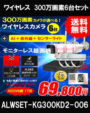 防犯カメラ 屋外 録画機能付き 防水 カメラ6台セット　ワイヤレス 300万画素 　モニターレス バレット・ドーム・カメラが選べる　工事不要　防犯カメラセット　ALWSET-KG300KD2-006