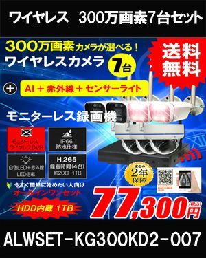 防犯カメラ 屋外 録画機能付き 防水 カメラ7台セット　ワイヤレス 300万画素 　モニターレス バレット・ドーム・カメラが選べる　工事不要　防犯カメラセット　ALWSET-KG300KD2-007