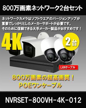 防犯カメラ 屋外 上書き機能付き IP67 防水 逆光補正 広角・望遠 電動ズーム3.7-11mm　ネットワークカメラ　2台セット 800万画素 POE LANケーブル　スマホ対応 1TB H.265 　常時録画　動体検知録画　防犯カメラセット カメラが選べる　NVRSET-800DH-4K-012