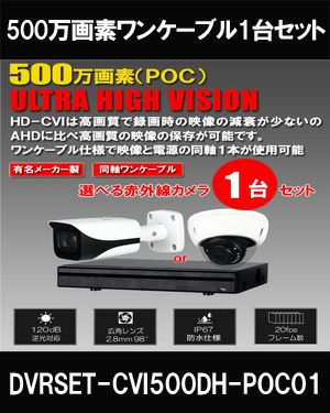  同軸ワンケーブル 防犯カメラ1台セット 屋外 CVI 500万画素 録画機1TB H.265 上書き機能 バレット・ドーム・カメラが選べる 常時録画 動体検知録画 DVRSET-CVI500DH-POC01
