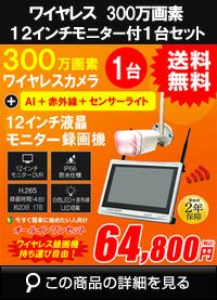 無線 ワイヤレス防犯カメラ 屋外 録画機能付き 防水 カメラ1台セット 300万画素 12インチ液晶モニター付き マイク付き カメラ音声 工事不要 防犯カメラセット ALWSET-KD300-001