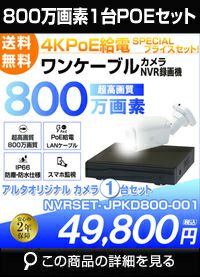 防犯カメラ 屋外 防水 AI人体検知 初心者用 コスパ抜群 ネットワークカメラ 1台セット 800万画素 POE LANケーブル マイク付き カメラ音声 スマホ対応 1TB 常時録画 パソコン遠隔監視対応 動体検知録画 防犯カメラセット LANケーブル20ｍ付き NVRSET-JPKD800-001