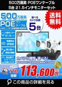 21.5インチモニター付き 500万画素 PoE ワンケーブル赤外線カメラ5台セット NVRSET-KD500MNT-005