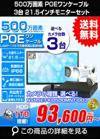 21.5インチモニター付き 500万画素 PoE ワンケーブル赤外線カメラ3台セット NVRSET-KD500MNT-003